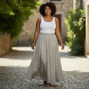 Point Sur Womens Sz 16 Maxi Skirt Satin Gathered Waist Flowy Full Length Taupe‎